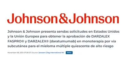 Cemmp-Noticia-Johnson & Johnson presenta sendas solicitudes en Estados Unidos y la Unión Europea para obtener la aprobación de DARZALEX FASPRO y DARZALEX.